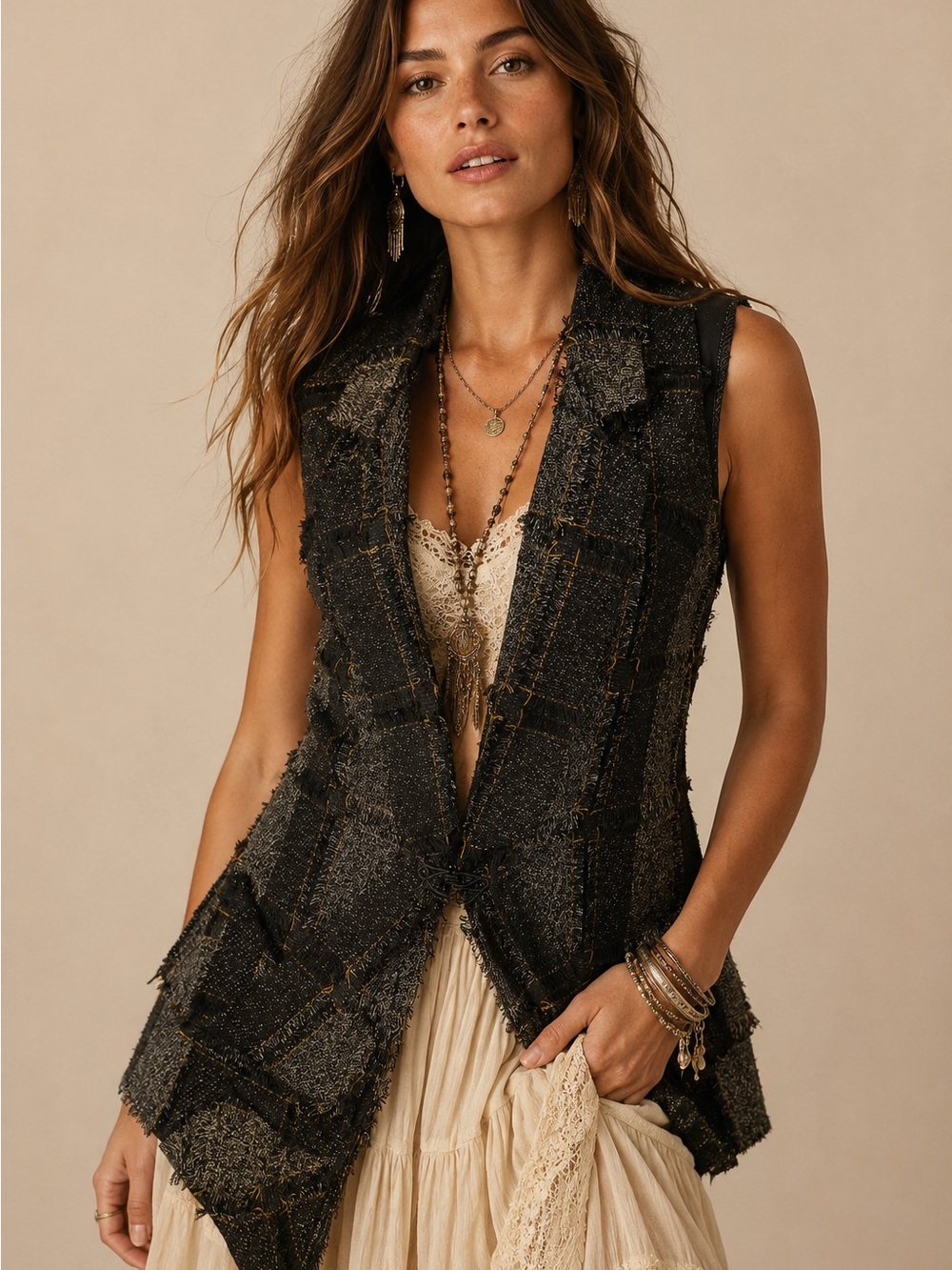 Nanette Lepore Tweed Boho Chic Longline Vest